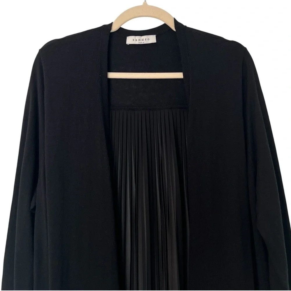 Sandro Open Front Silk Blend Pleated Cardigan Black Medium Contemporary Chic